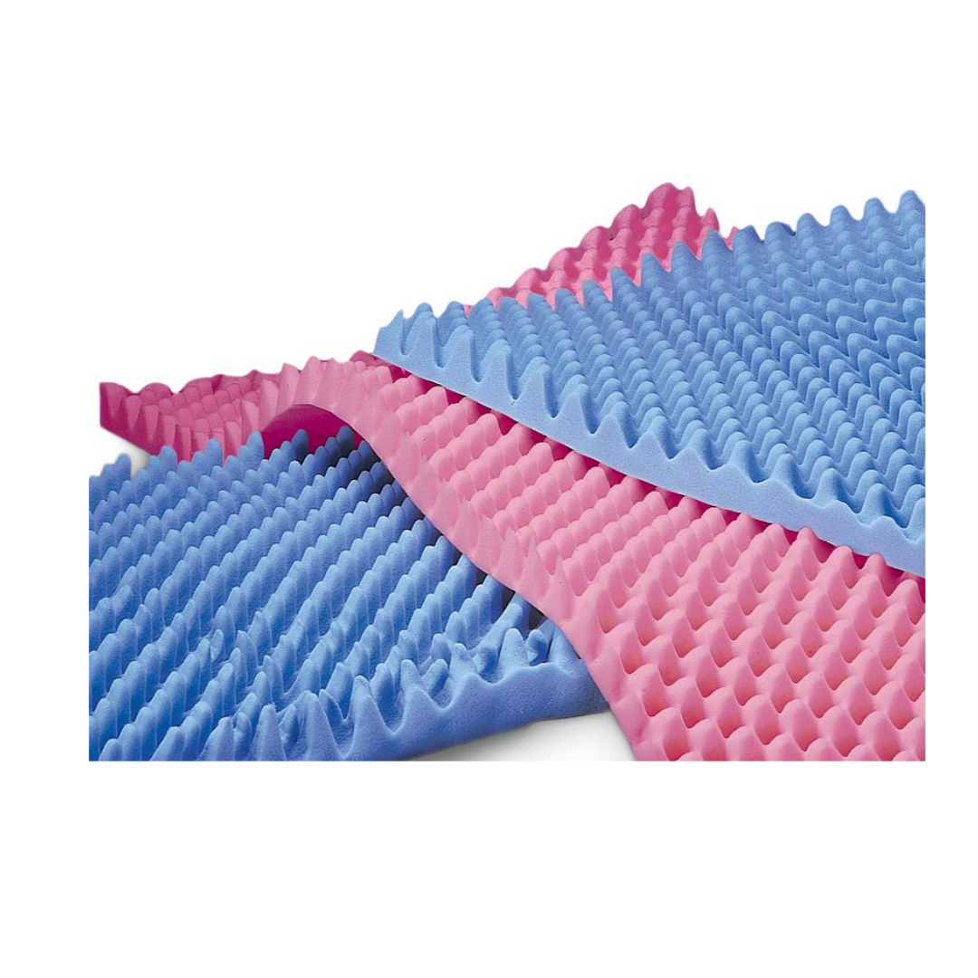 Close-up of Medline Convoluted Foam Bed Pads in blue and pink, featuring textured, wavy surfaces crafted from medical-grade urethane, layered together against a white background for enhanced bed support.